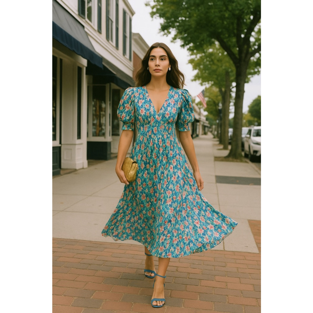 Ganni Teal Floral Midi Dress with Pink & Coral Accents